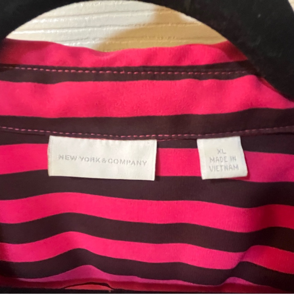 Hot Pink and Black Striped Collared V-Neck Blouse - Picture 3 of 5